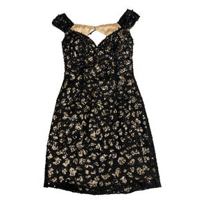 Hannah S Formal Dark Mini Dress Size 4 Sequin Black/Nude Lace Cocktail Party